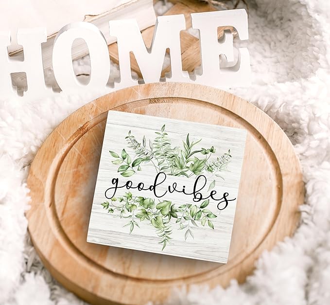 SRADMO Inspirational Botanical Eucalyptus Leaves Wood Box Sign Desk Decor, Green Rustic Eucalyptus Leaves Wooden Block Box Sign Decor for Home Office Shelf Table Decorative Accessories