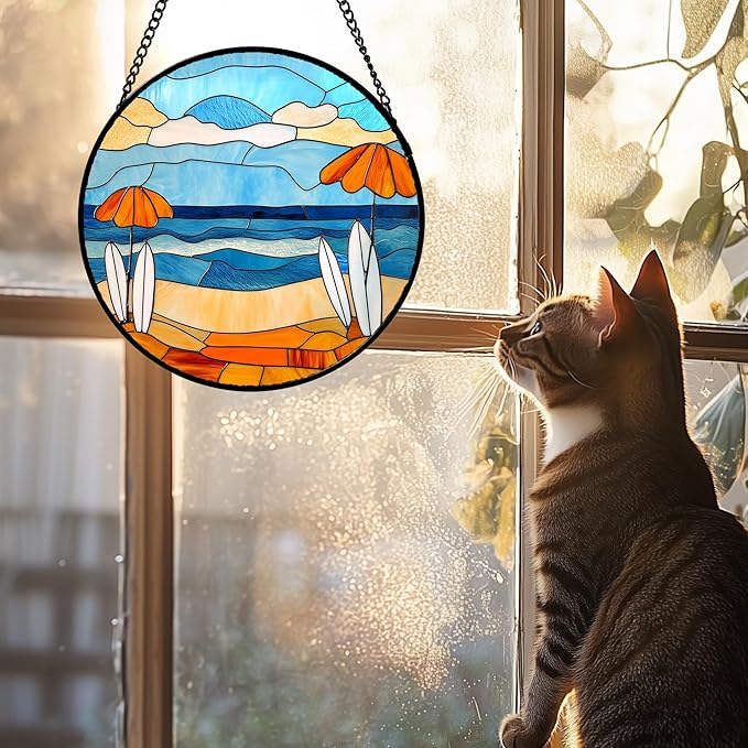 Stained Glass Window Hanging 4 Pcs Set Blue Ocean Surfing Beach Large 15" - Suncatcher Door Garden Sun Catcher Decor Birthday Mother's Day for Firefighte Men Woman Nana Mom
