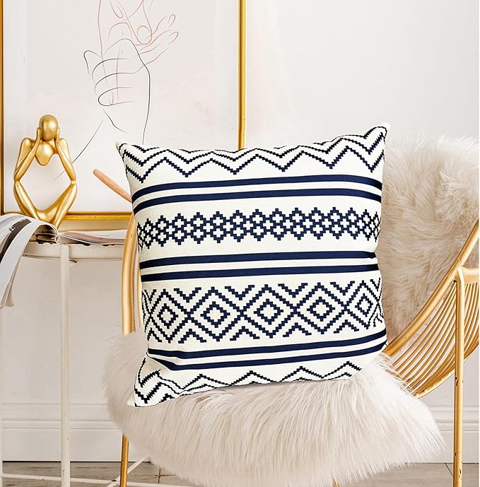 Decorative Throw Pillow Covers Set of 2 Blue Boho Pillow Covers 20x20 Inch Throw Pillow Cover Linen Pillowcase Modern Farmhouse Outdoor Pillow Covers for Couch Sofa Bed Living Room