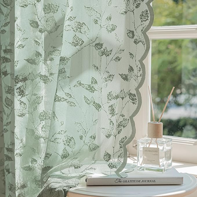 Sage Green Lace Semi-Sheer Curtains – Vintage Leaf Pattern Lace for Bedroom/Bathroom, Light Filtering Rod Pocket Drapes, Privacy Chic Window Treatments, 52W x 72L Inch, 2-Panel Set
