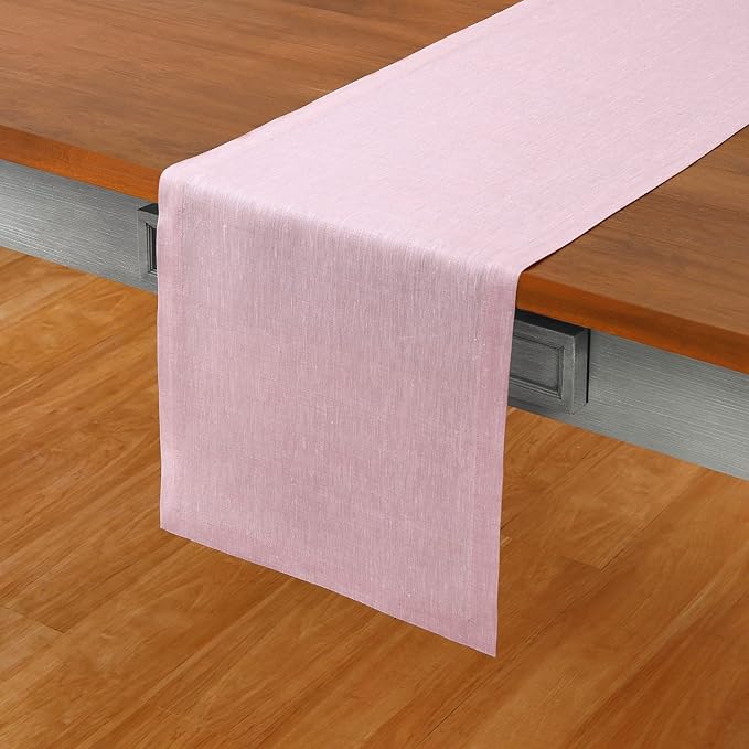 Solino Home Linen Small Table Runner 36 Inches - Athena, 100% Pure Linen Bubblegum Pink Table Runner 14 x 36 Inch Ideal for Dresser and Coffee Tables - Valentines, Spring, Easter