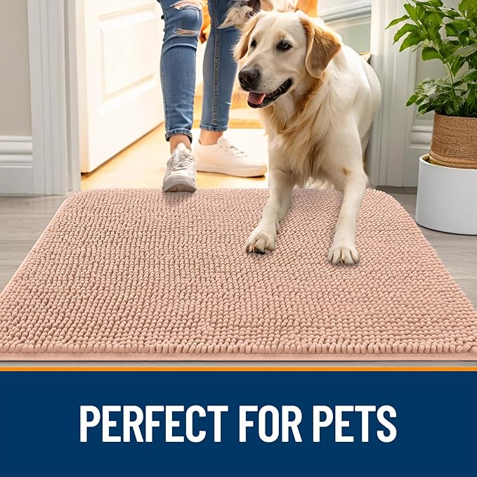 OLANLY Dog Door Mat for Muddy Paws 70x46, Absorbs Moisture and Dirt, Absorbent Non-Slip Washable Doormat, Quick Dry Chenille Mud Mat for Dogs, Entry Indoor Entryway Carpet for Inside Floor, Peach