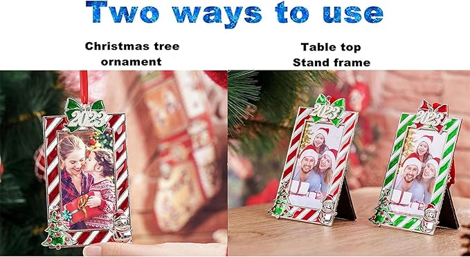 2025 Green Photo Frame Ornament, Metal Christmas Picture Frame Ornament Family Wedding Vacation Photo Xmas Tree Decor, Table or Xmas Tree Two Ways Using (Green)