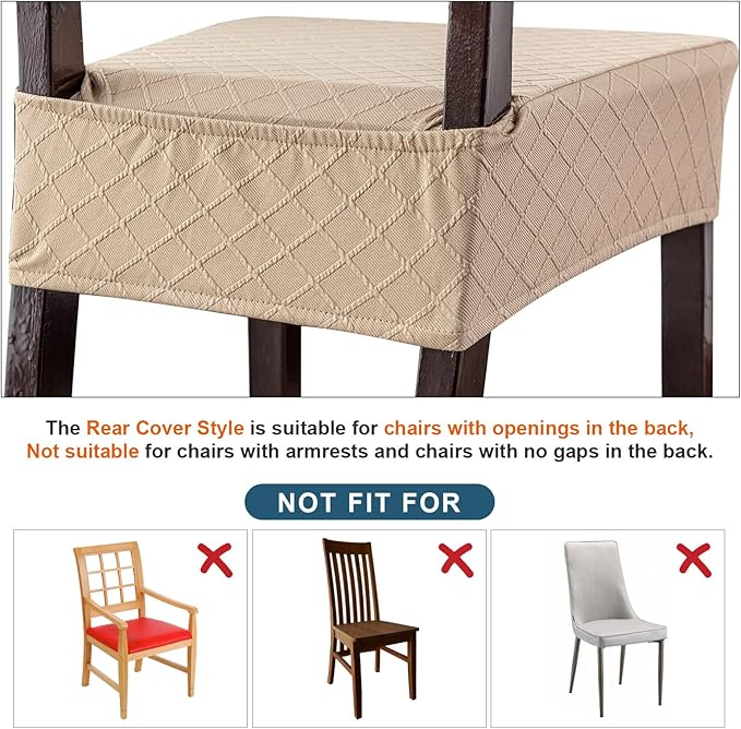 Genina Waterproof Seat Covers for Chairs,Set of 2 Dining Room Chair Seat Covers for Kitchen,Stretch Jacquard Removable Washable Dining Chair Slipcovers Protectors with Rear Covers, Khaki