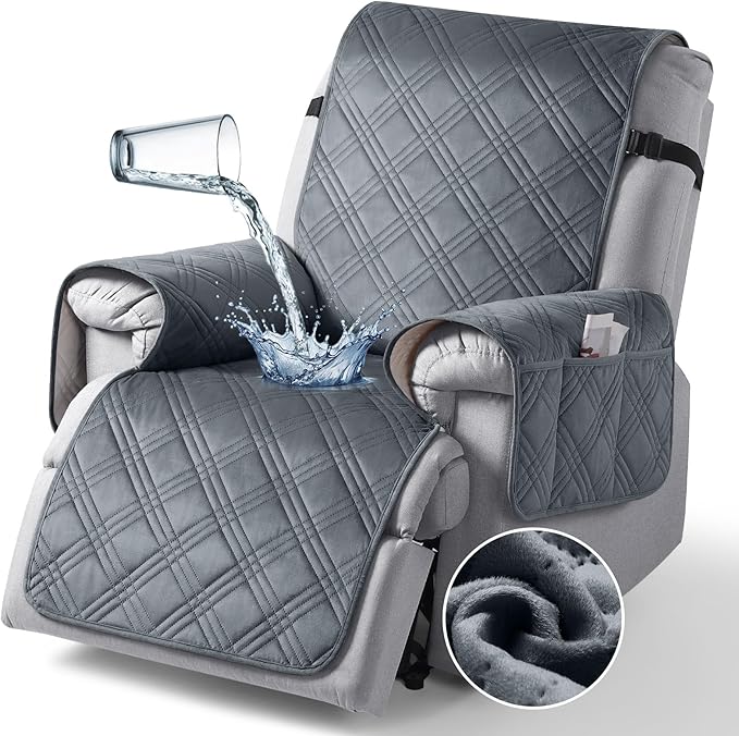 TAOCOCO 100% Waterproof Recliner Chair Cover, Recliner Covers for Recliner Chair with Pocket, Non Slip Reclining Chair Cover Furniture Protector for Kids, Pets(30'', Dark GreyVelvet)