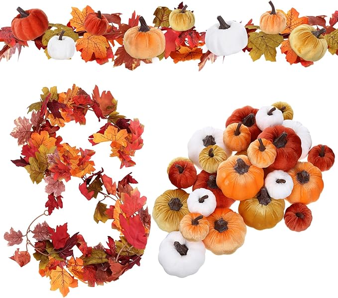 2 Pcs Artificial Maple Leaf Rattan Garland 24 Harvest Velvet Foam Fabric Pumpkins Decorative for Home Farmhouse Fireplace(Orange)