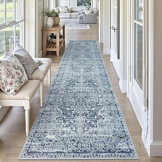 KUTA Vintage Runners for Hallways 2.6x10 Non-Slip, Blue White Washable Kitchen Rug Ultra Soft Printed Distressed Traditional Medallion Floor Carpet for Bedroom Living Room