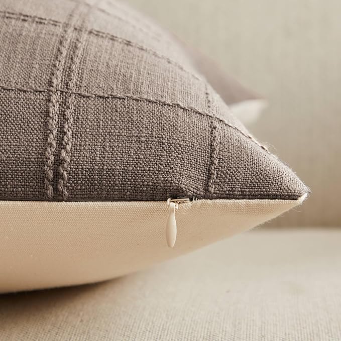 ZeeMart Linen Checked Throw Pillow Covers Set of 2, 20x20 Inch Cocoa Brown/Cream, Farmhouse Decorative Single Sided Grid Embroidered Couch Pillow Cases Brown Cotton Linen Cushion Covers