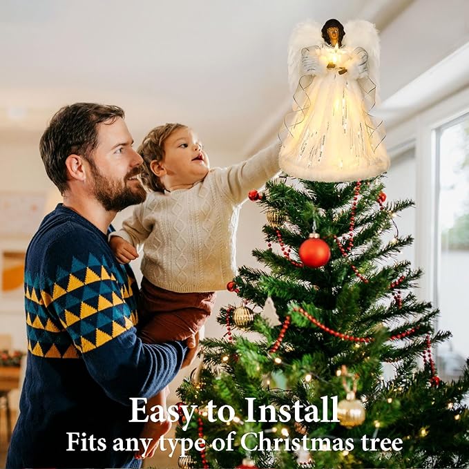 HMASYO Black Christmas Tree Topper Angel with Timer Lights, 12" African American Angel Tree Toppers with White Feather Wings, Star Light, Remote Control and USB Power Xmas Treetop Decor for Holiday