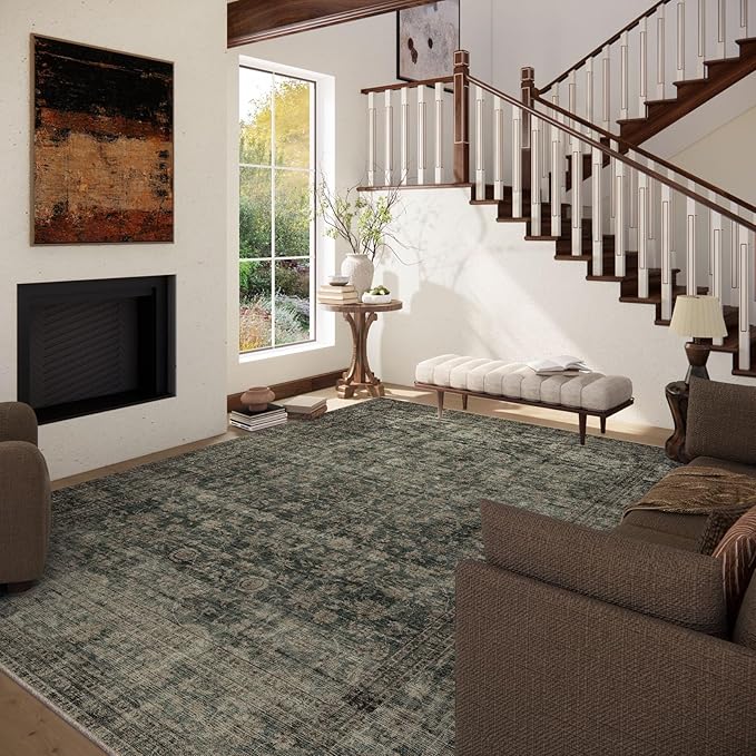 Washable Living Room Area Rug: 10x14 Rugs for Bedroom Vintage Stain Resistant Non Slip Low Pile Large Boho Carpet for Kitchen Dining Room Farmhouse Kids Room Nursery