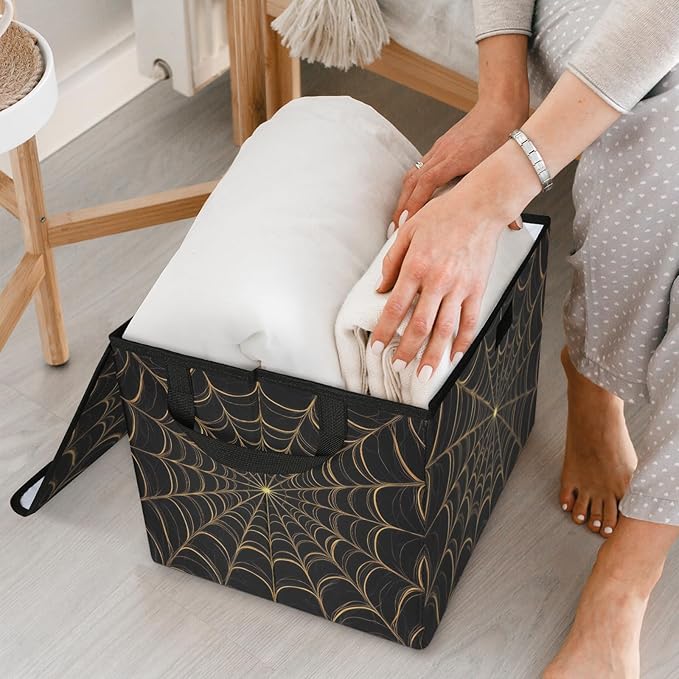 Closet Storage Bins with Lids, Gothic-style Spiders Web Storage Baskets for Organizing, Large Cube Box Closet Organizers with Handles, Home Office Decorative Wardrobe Boxes for Organization (27 Quart)