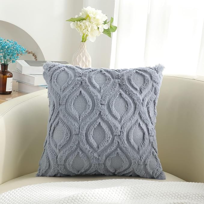 decorUhome Throw Pillow Covers 26x26 Inch Set of 2, Soft Plush Faux Wool Blue Grey Solid Couch Pillow Covers, Accent Farmhouse Neutral Square Pillow Cases for Sofa Bed Living Room