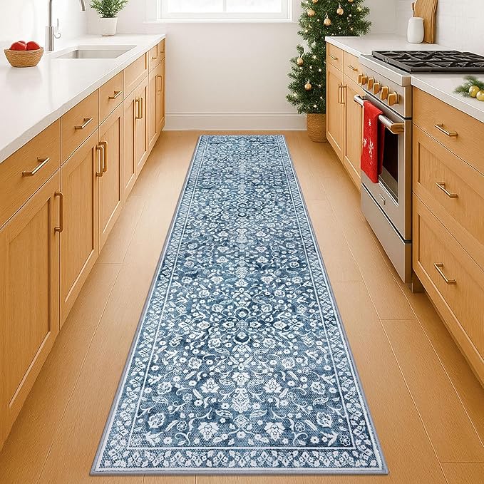 Vintage 2x8 Hallway Runner Rug, Blue and White Washable Rug, Non-Slip Super Soft Kitchen Runner Rug, Print Faux Wool Floral Thin Carpet for Entryway Bedside