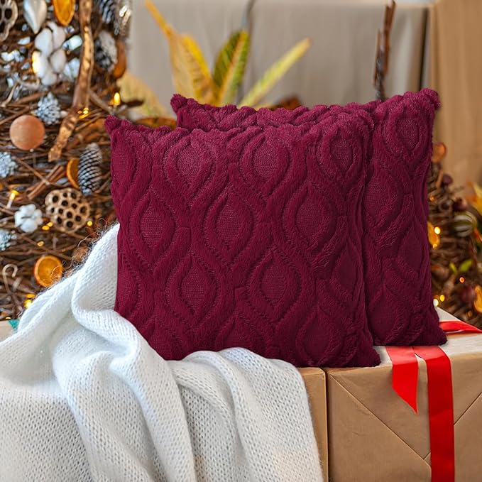 decorUhome Christmas Throw Pillow Covers 24x24 Inch Set of 2, Soft Plush Faux Wool Burgundy Solid Couch Pillow Covers, Accent Farmhouse Neutral Square Pillow Cases for Sofa Bed Living Room