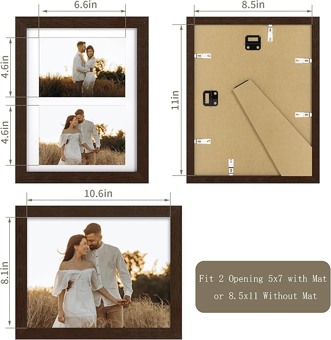 8.5x11 Picture Frame - 8.5 x 11 Photo Frame Made of Solid Oak Wood and Real Glass,Display Picture 2 Opening 5x7 with Mat or 8.5x11 Without Mat for Wall & Tabletop(Color Walnut)