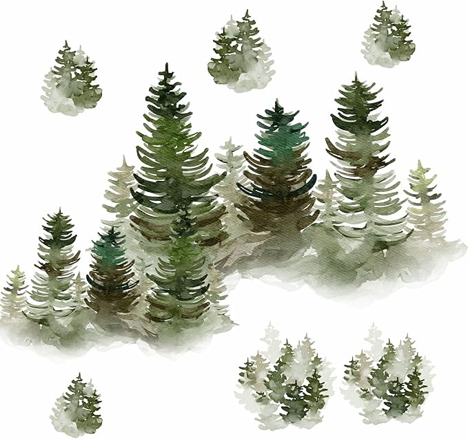 Watercolor Pine Tree Wall Decals Peel and Stick Large Tree Wall Sticker Trees Branches Wall Decal Forest Trees Wall Stickers for Living Room Bedroom Woodland Nursery Decor