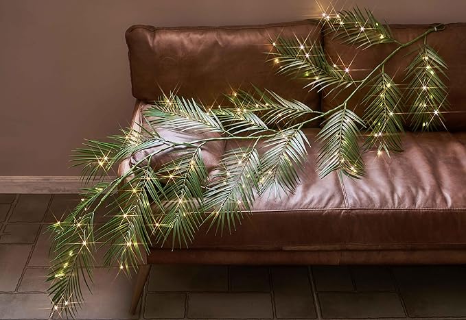 LITBLOOM Lighted Palm Garland with Timer 6FT 120 LED Fairy Lights, Greenery Garland Battery Operated or USB Plug in for Summer Christmas Fireplace Mantle Decoration Inside
