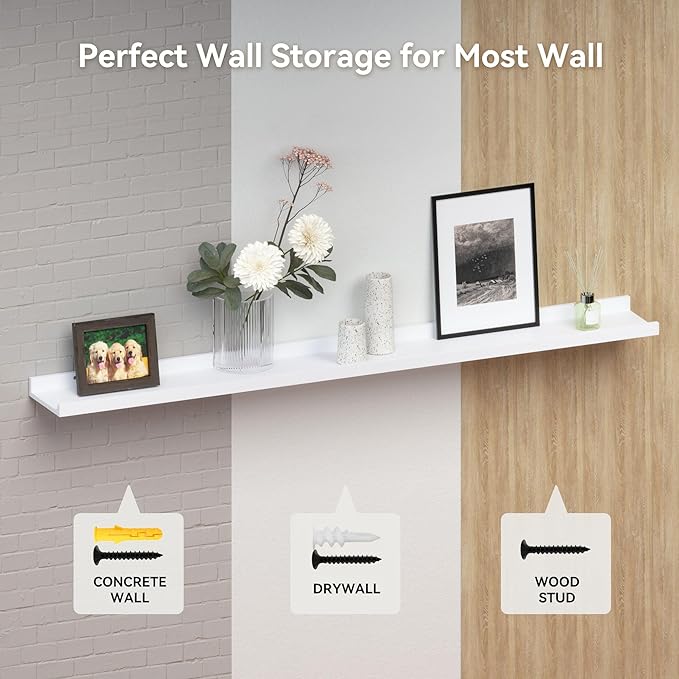 55.1 Inches Long Floating Shelves, 2 Set Rustic Wall Shelf for Bedroom, Nursery Book Shelf with Lip, Picture Ledge Shelf for Living Room, Bathroom, Kitchen - White