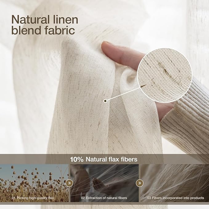 Anmao Flax Linen Curtains for Living Room 63 Inch Length 2 Panels Set, Light Filtering Sheer Window Curtain Drapes for Bedroom with Nickel Grommet, 52 Inch Wide Each Panel, Ivory Color