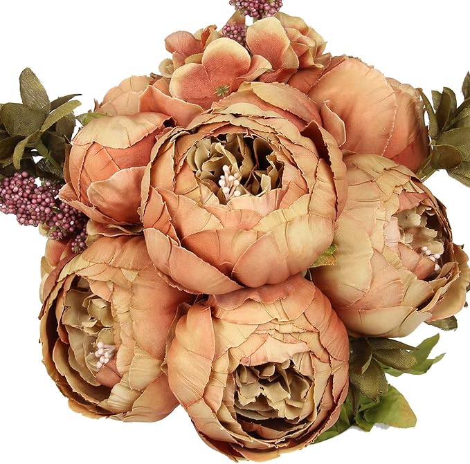 Flojery Silk Peony Bouquet Vintage Artificial Peonies Flower for Home Wedding Party Decor (1pcs, Coffee)