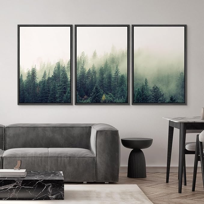 SIGNWIN 3 Piece Framed Canvas Wall Art Green Foggy Mountains Nature Wilderness Photography Abstract Aerial Canvas Prints Home Artwork Decoration for Living Room,Bedroom - 16"x24"x3 Panels