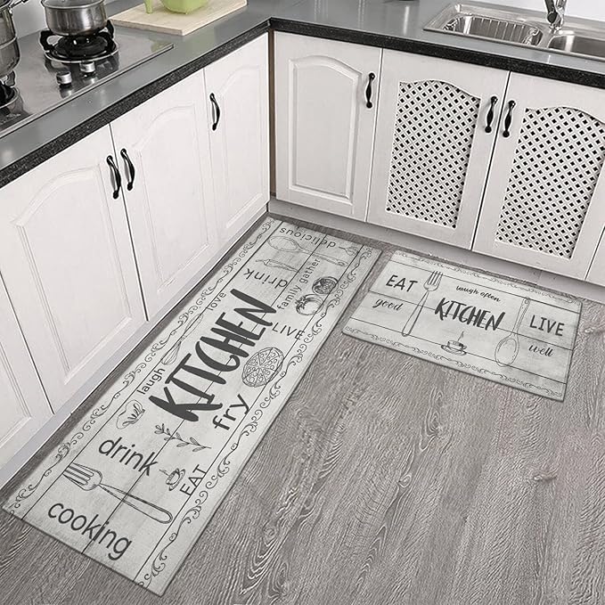 Kitchen Rugs Sets of 2 - Non Slip Washable Microfiber Kitchen Rug, Farmhouse Country Kitchens Rugs and Mats for Decor, Sink, Stove, Laundry, Machine Washable,（17"x 48"+17"x 24"）
