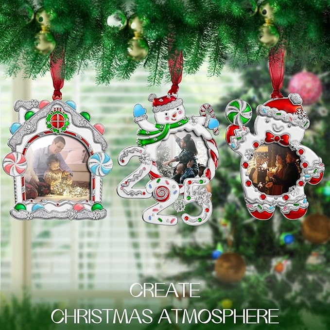 Laraine Christmas Tree Ornaments 3 Pieces – Decorative Hanging 2025 Pendant Snowman with 2.5” Picture Frame Insert for Family and Pet Holiday Keepsake Gift (White (2025))