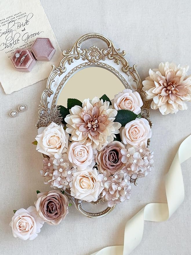 Roses Artificial Flowers Bouquets Box Set for DIY Bridal Wedding Shower Decorations Centerpieces for Table Fake Floral Arrangement for Party Home Decor Indoor Taupe Beige