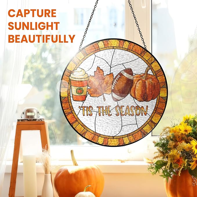 FLAGWIX Fall Decorations for Home - Stained Glass Window Hanging 8in - Autumn Sun Catchers Indoor Window, Fall Gifts for Women Men, Thanksgiving Decorations Sun Catcher, Thanksgiving Gifts for Mom Dad