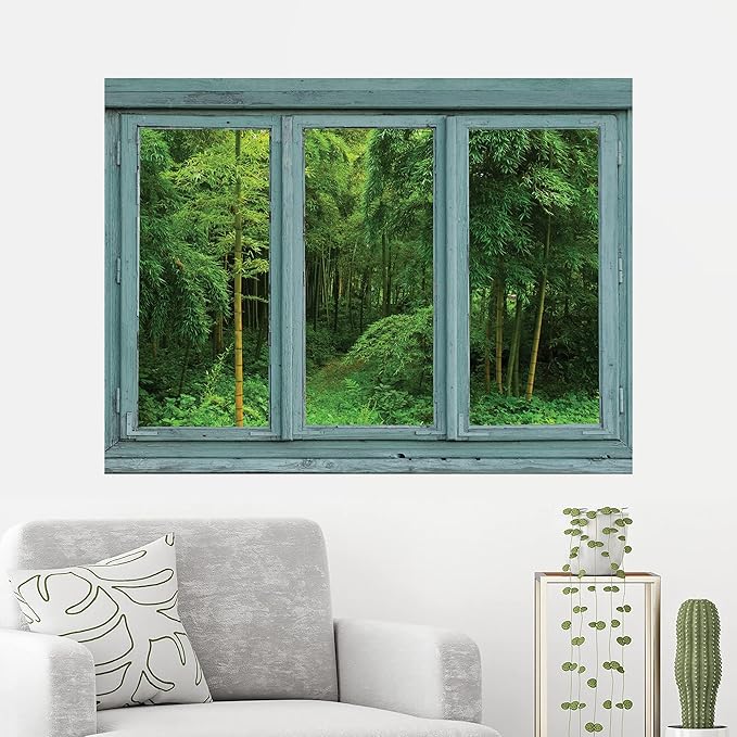 wall26 - Vintage Teal Window Looking Out Into a Green Jungle with a Path - Wall Mural, Removable Sticker, Home Decor - 36x48 inches