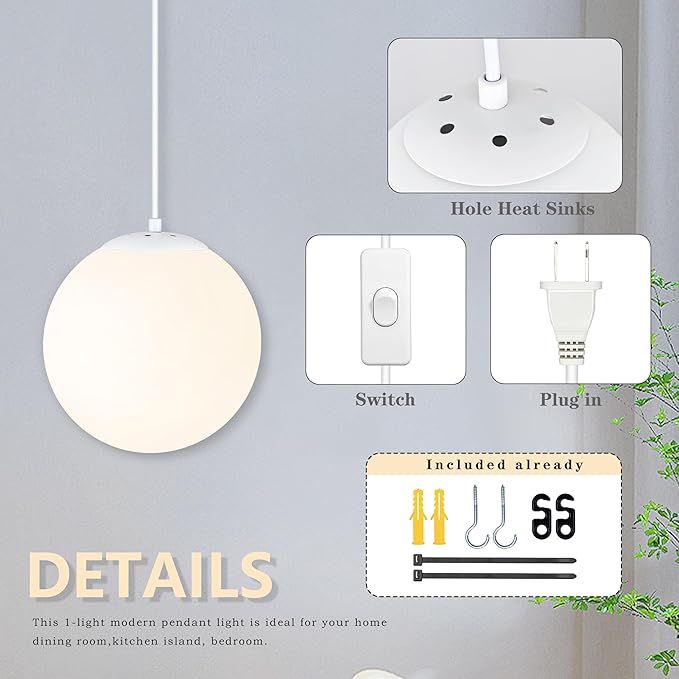 KoKo&Yukina 10" Globe Pendant Light White Plug in Pendant Light Adjustable Hanging Lights with Plug in Cord Matte White Finished with Milk Glass Lampshade for Bedroom Kitchen Island（Bulb Included）