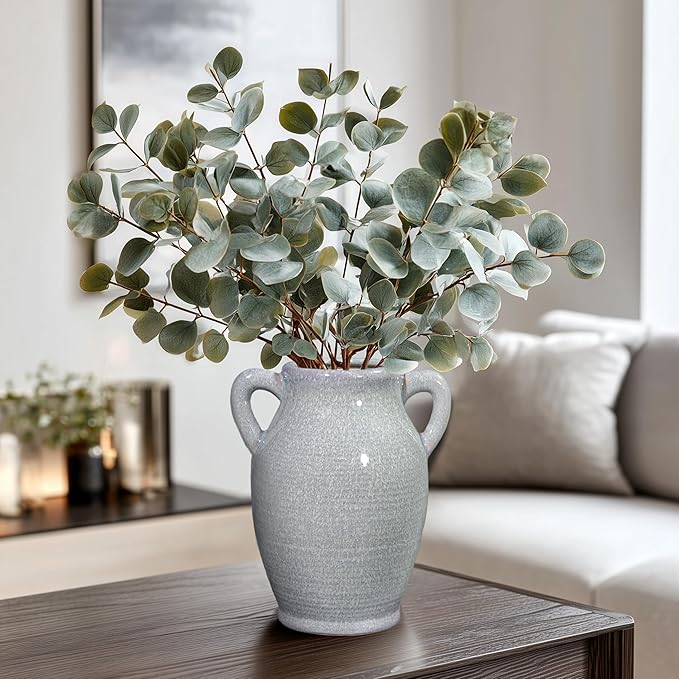 Sunddo Blue Ceramic Vase with 2 Handles, Modern Pottery Flower Vase, Texture Decorative Vases for Pampas Grass, Farmhouse Decor, Centerpiece for Dining Table Console Shelf Bookshelf Mantle