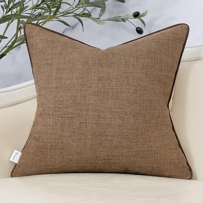 Yangest Patchwork Pillow Cover 20x20 Inch Luxury Cotton and Linen Cushion Cover Square Pillowcover for Couch Bedroom Living Room, Brown
