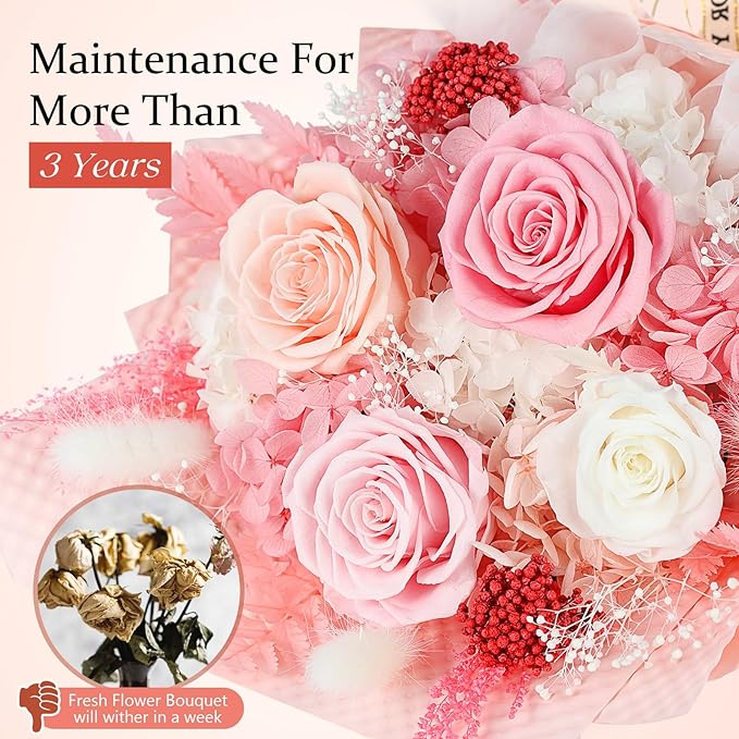 Preserved Flowers Bouquet 4 Roses - Pink Roses & Flowers for Delivery, Long-Lasting Real Roses Forever, Eternal Roses Bouquet for Mothers, Mom, Wife Anniversary Birthday Gifts for Women