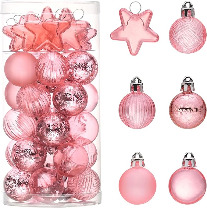 DecorbyHannah Mini Christmas Tree Ornaments, 35ct 1.18inches Pink Christmas Ball Ornaments for Tree Decorations, Small Pastel Clear Shatterproof Plastic Hanging Balls Bulk for Xmas, Party, Wedding