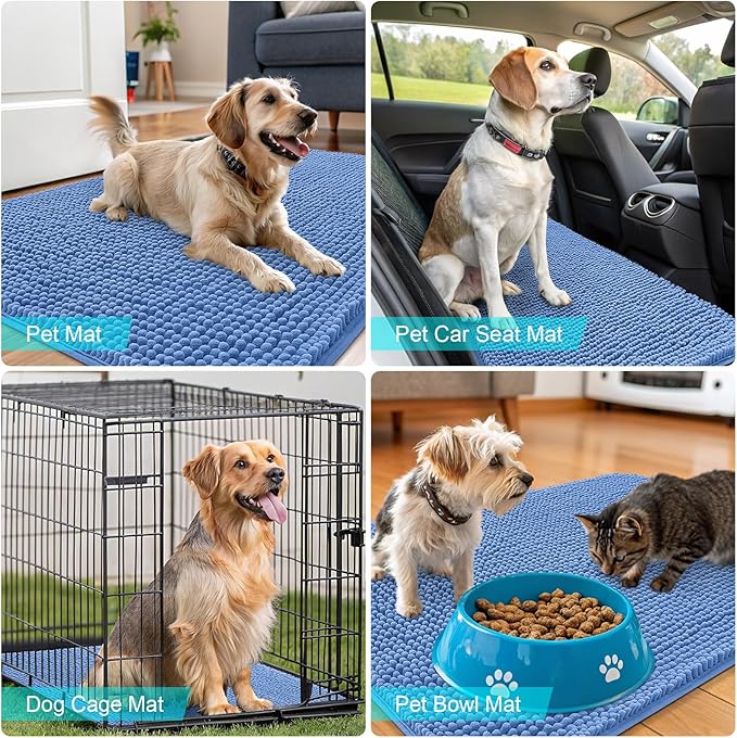 OLANLY Dog Door Mat for Muddy Paws 47x17, Absorbs Moisture and Dirt, Absorbent Non-Slip Washable Doormat, Quick Dry Chenille Mud Mat, Entry Indoor Entryway Carpet for Inside Floor, Cornflower Blue