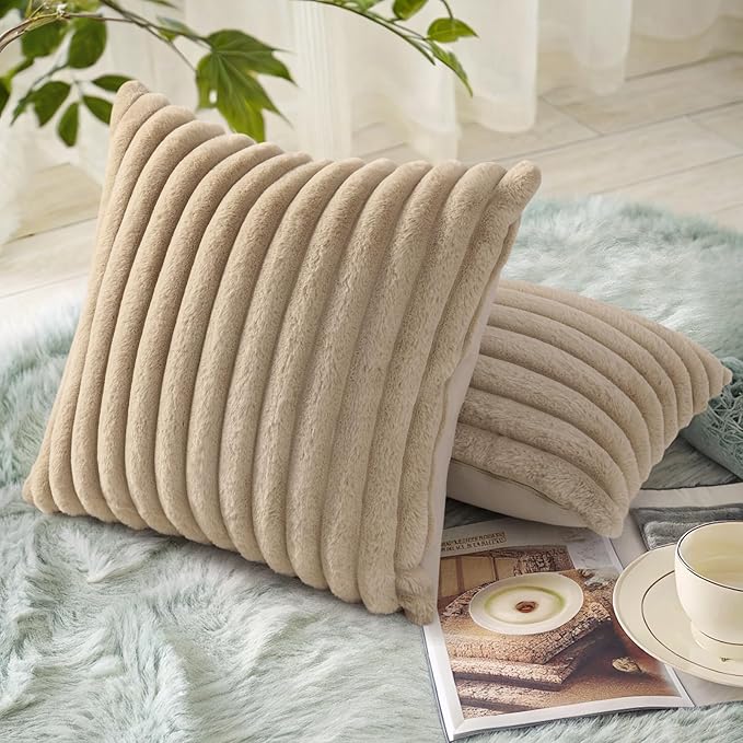 decorUhome Faux Fur Christmas Throw Pillow Covers 16x16 Set of 2, Decorative Soft Plush Striped Neutral Couch Euro Pillow Covers with Velvet Back for Sofa, Bed, Living Room Home Decor, Khaki Brown