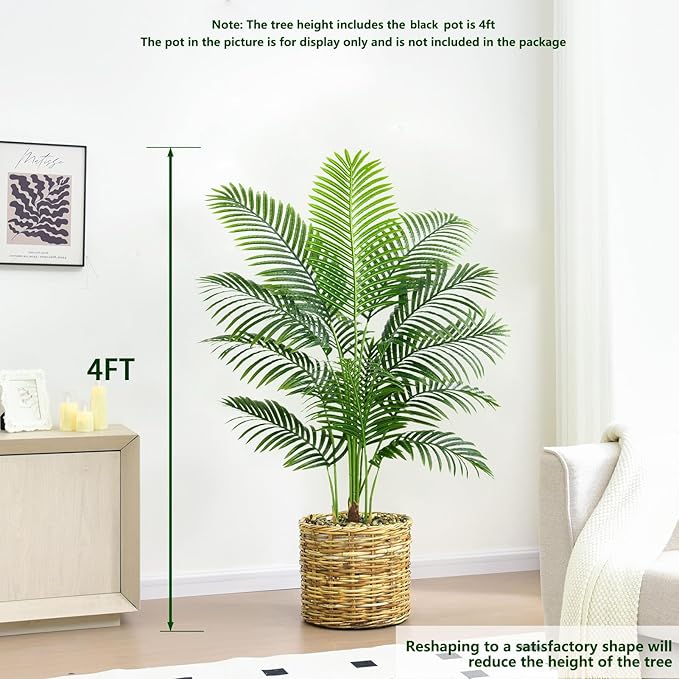 2 Pack Artificial Palm Tree 4FT Artificial Plants Indoor Tropical Fake Palm Tree Areca Floor Plant in Black Pot with 13 Trunks & Real Bark Design, Faux Palm Plant for Outdoor Patio Home Office Decor