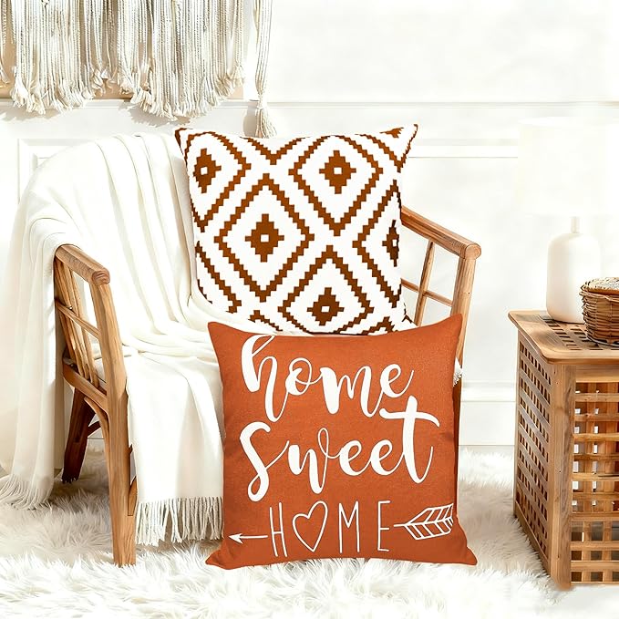 Decorative Throw Pillow Covers 16x16 inch Set of 4 Orange Pillow Covers for Couch Sofa Bed Living Room,Farmhouse Outdoor Throw Pillow Cover,Modern Geometric Linen Square Throw Pillow Cases