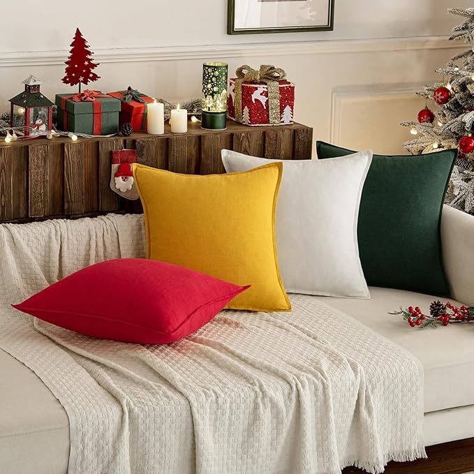 MIULEE Christmas Red/Green Linen Pillow Covers Pack of 4 Decorative Natural Solid Throw Pillow Covers Soft Accent Boho Farmhouse Couch Pillowcases Home Decors for Living Room Bed Sofa 18x18 Inch