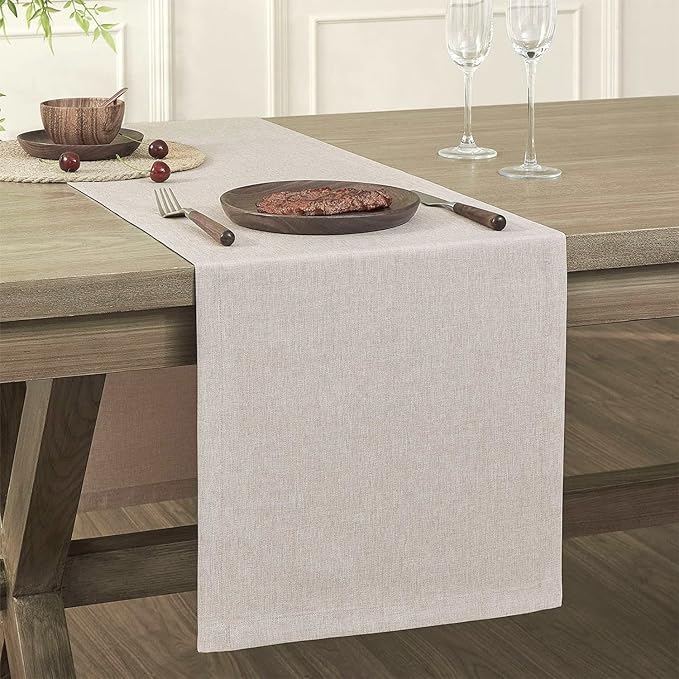 ZeeMart Basic Linen Style Table Runner, 14 x 108 Inch Light Natural Chambray, Rustic Farmhouse Neutral Table Runners 108 Inches Long, Everyday Polyester Table Runner - Machine Washable & Easy Care