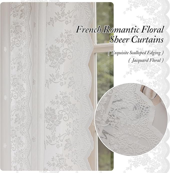 White Semi-Sheer Curtains 2 Panels – Vintage Floral Lace for Bedroom/Kitchen, Airy Rustic Privacy Light Filtering Rod Pocket Window Drapes, Elegant Chic Victorian Pattern Design, 52W x 45L Inch