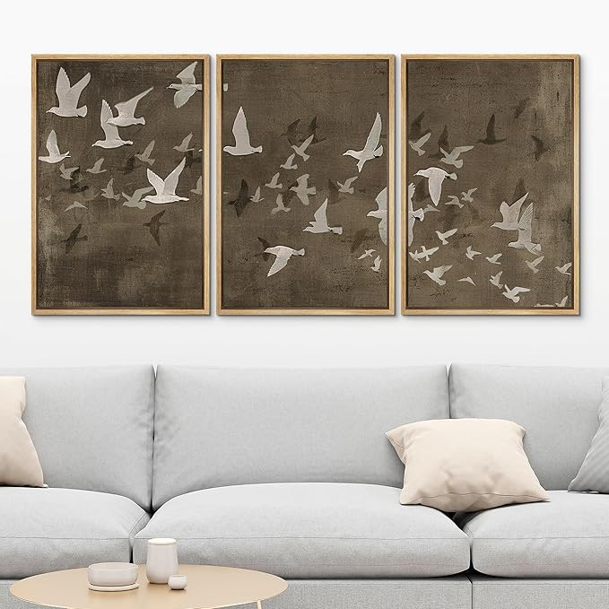 MUDECOR Framed Wall Art Print Set Flock of Abstract Birds in Flight Earthy Tones Illustrations Modern Art Boho Decorative Colorful Chic for Living Room, Bedroom, Office - 16"x24"x3 Natural