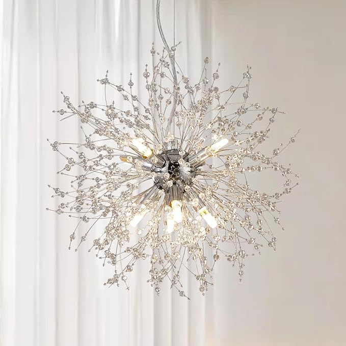 8-Light Modern Firework Chandeliers, Round Sputnik Hanging Lamp, Chrome Crystal Beaded Lighting, Small Dandelion Pendant Light for Entryway Dining Room Kitchen Island (Chrome, D15.7inch)