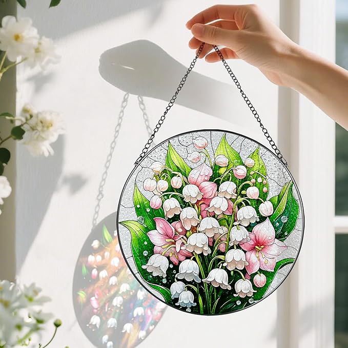 8-Inch Stained Glass Ornament, Stained Glass Window Hanging, Window Hanging Decor Suncatcher, The Valley Lily Flower Ornament | Holiday, Mother's Day, Birthday | Gifts for Flower Lovers, Mom & Grandma