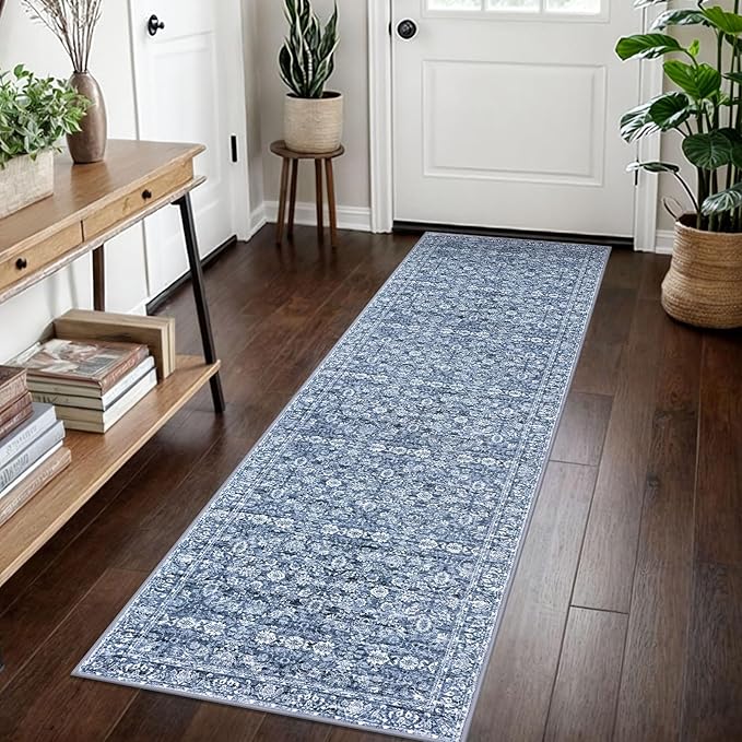 2x7 Runner Washable Rug for Hallways, Blue Soft Classic Kitchen Rugs with Non-Slip, Non-Shedding Distressed Floral Rug for Hallway Entryway Bedroom Bathroom Laundry Indoor