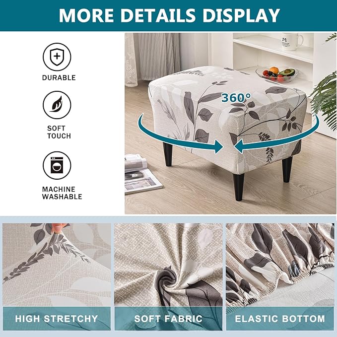 KRFOONN Ottoman Slipcovers Stretch Rectangle Footrest Stool Covers Printed Ottoman Cover for Foot Stool Furniture Protector with Non Slip Elastic Bottom(22, Large)