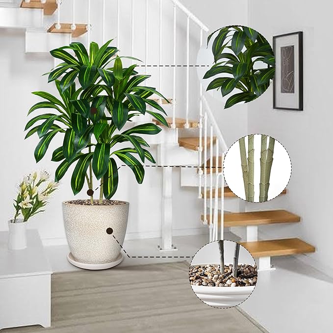 Artificial Dracaena Plant 4FT Tall - Fake Tree with White Planter - Faux Yucca Tall Fake Floor Plant in Pot - Artificial Trees for Home Bedroom Office Indoor Living Room Decoration