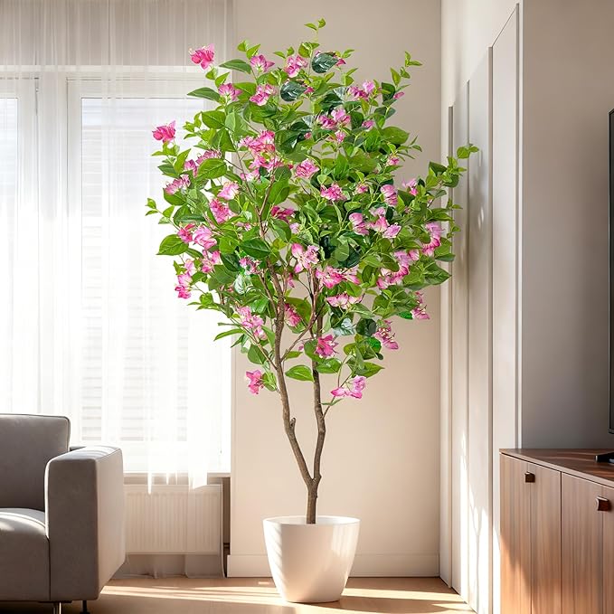 6FT Artificial Bougainvillea Tree Artificial Tree Tall Potted Fake Bougainvillea Trees for Outdoor Indoor Lifelike Potted Faux Plants with Wood Trunk and Flowers Office Wedding Home Decor