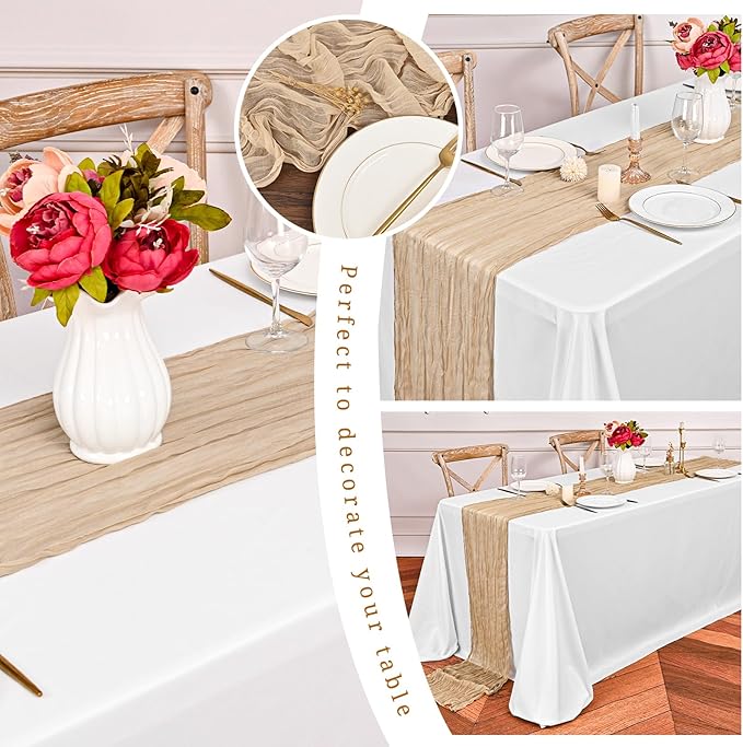 12 Pack Beige Cheesecloth Table Runner,10FT Gauze Boho Long Easter Cheesecloth Table Runners 20x120inch Rustic Cheese Cloth Table Runner for Wedding Party Bridal Shower,Table Decorations